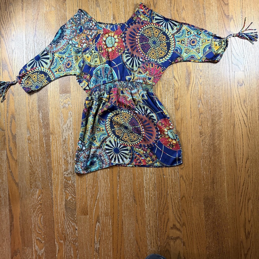 Boho Blouson Dress Womens Small Multicolor Geometric Kimono Sleeve Festival Mini